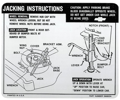 Jack Instructions Decal For 1969 Chevy Chevelle SS GM Number 3968534