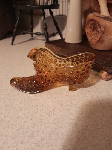 Vintage Fenton Art Glass Amber Brown Hobnail Cat Head Shoe Glass Slipper