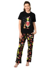 Women's Dr Seuss' The Grinch Pajama Set T-Shirt  Pants Plush Christmas