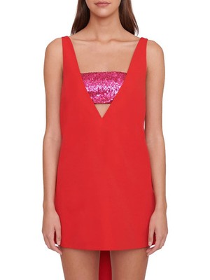 NWT $395 STAUD Irie V-Neck Bow Minidress Poinsettia Shocking Pink L