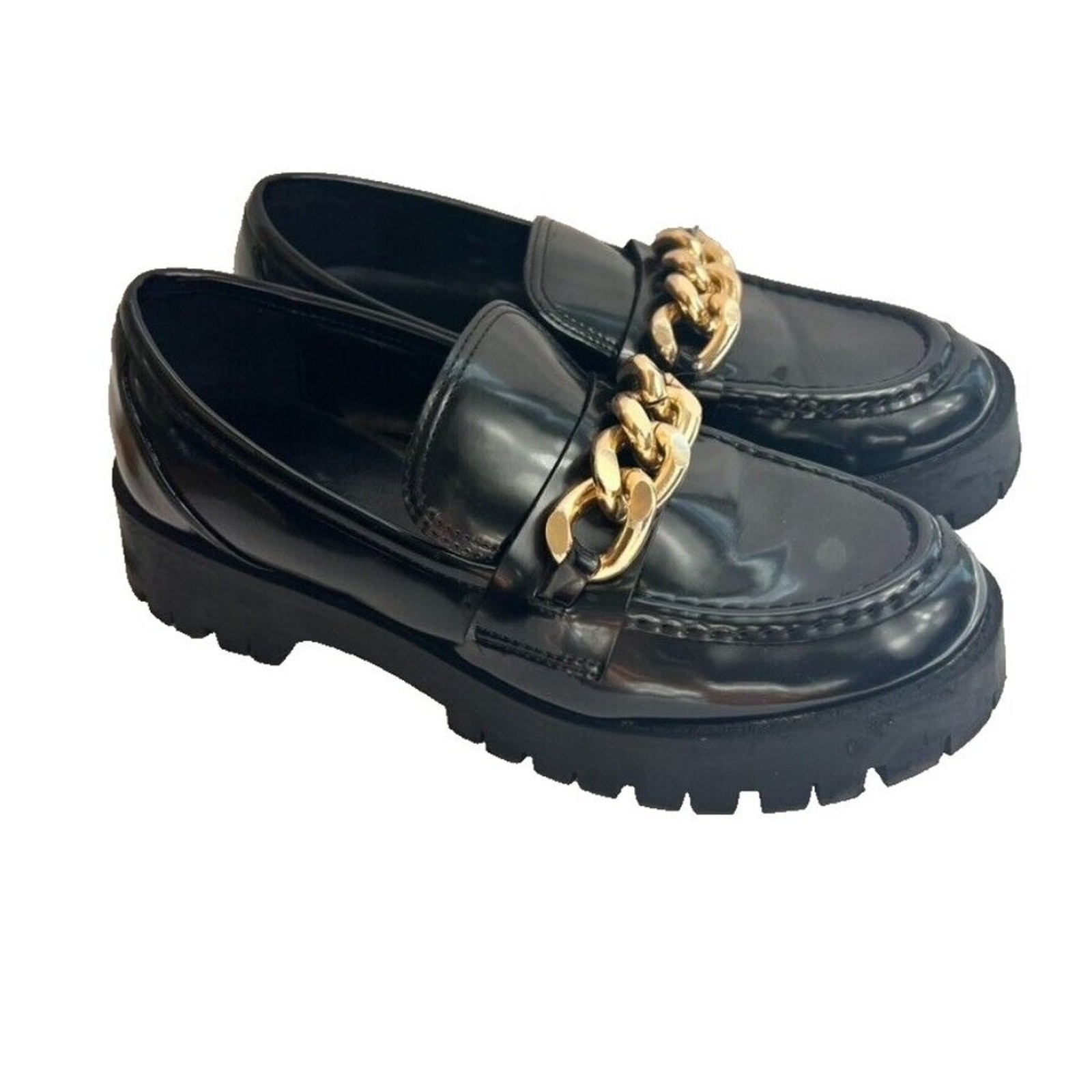 SAOLA Scarpe Guess mocassini donna 8M nero tono oro catena suola a strappo plateau grosso
