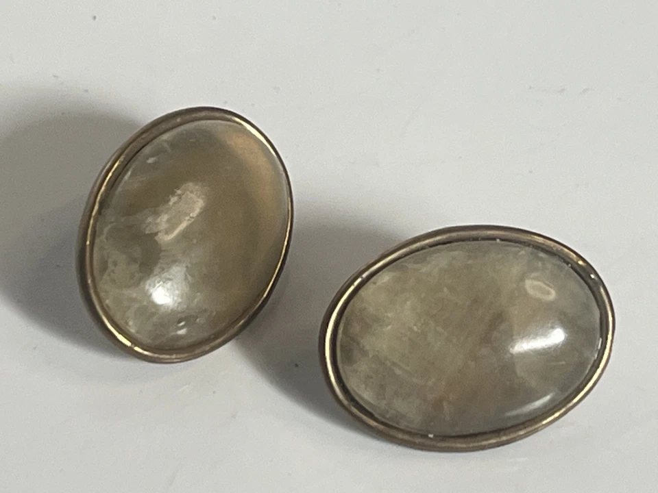 Aretes ovalados vintage años 60 clip sobre ágata de cuarzo en tono dorado 5/8"x7/8" Foto 3 de 3