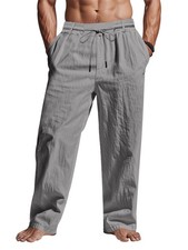 Men's Linen Pants Lightweight Drawstring Elastic Waist Pockets Loose Fit Str...