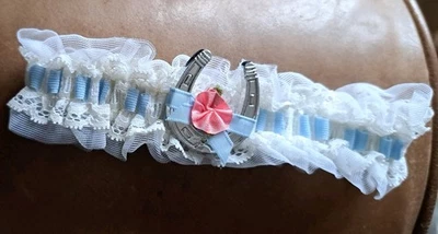 Vintage Bridal Garter Lace Blue ribbon & lucky horse shoe Wedding elasticated - Image 1 of 3