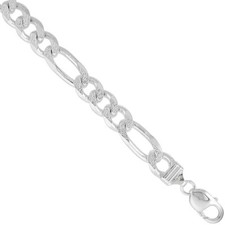 925 Sterling Silver Pave Cut Beveled Figaro Link Chain Necklace 10.7mm 8" to 26"