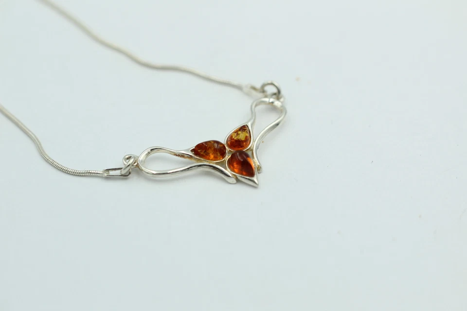 Collana In Ambra Marrone 925 Argento Sterling Ambra Lunghezza Circa 42 Cm - Immagine 4 di 4