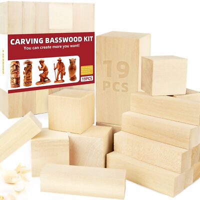 Basswood Carving Blocks 19PCS Whittling Wood Blocks Wood Carving Kit with 3 D...