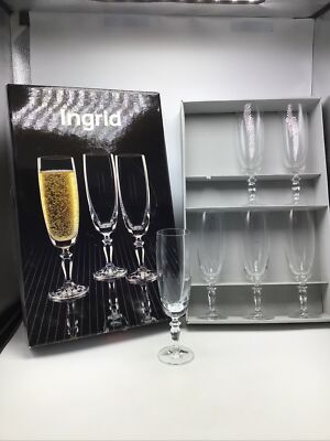 Bohemia Ingrid Glasses Crystal Czechoslovakia Champagne Flutes Set 6 New in Box