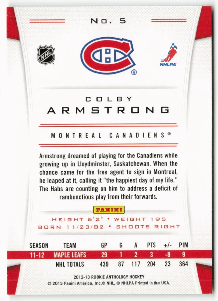 2012-13 Colby Armstrong Panini Rookie Anthology - Montreal Canadiens - Image 2 of 2