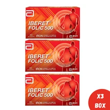 3x ABBOTT Iberet Folic 500 30'S Iron Vitamin C & B Complex For Anemia Pregnancy