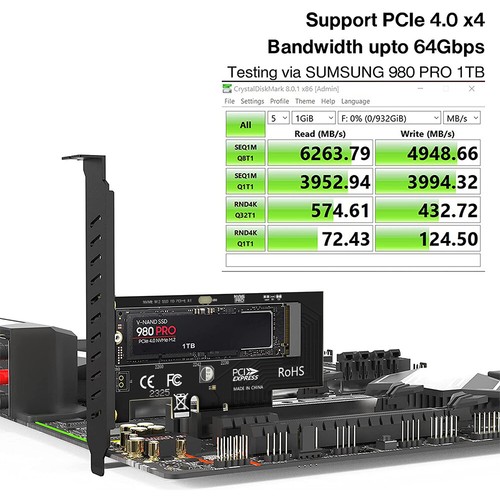 JEYI PCIe 4.0 X4 to M.2 NVMe Adapter 64Gbps Card With Aluminum SSD Heatsink - Picture 5 of 12