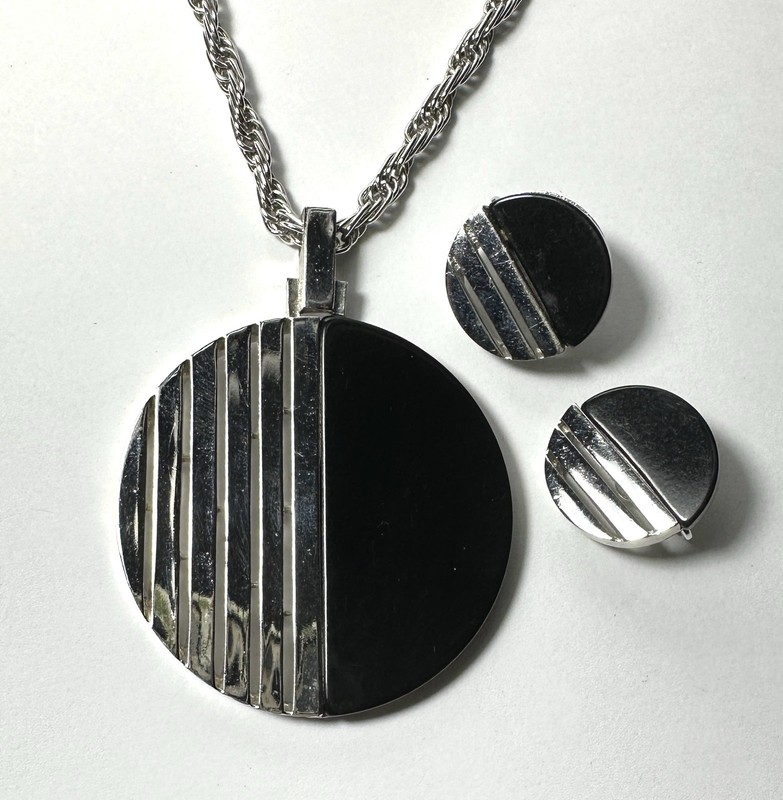 Mod Trifari Pendant Necklace & Earrings, Black Resin & Silver Tone, 1970s