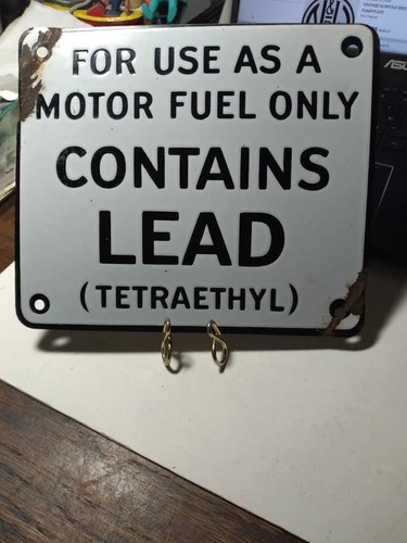 Old Original Vintage Porcelain CONTAINS LEAD (Tetraethyl) Gas Pump Plate Sign