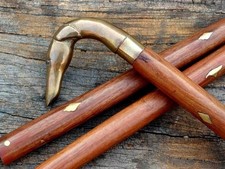 Vintage Victorian Wooden Walking Stick Brass Dog Head Handle Designer Cane Gift