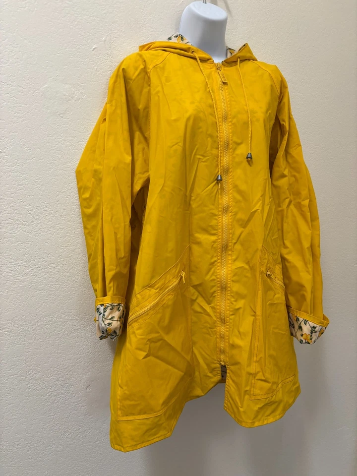 Chaqueta de Lluvia Totes Grande Amarilla Forrada Floral Con Capucha PVC Resbaladizo Bolsillos con Cremallera Foto 2 de 4