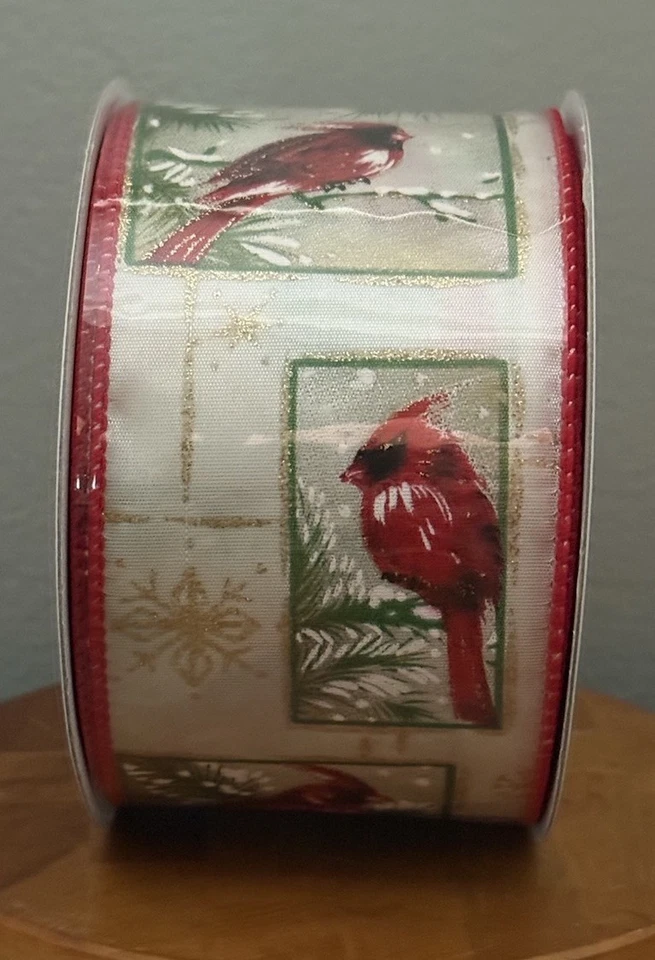 VTG Celebrate It Wired Christmas Ribbon Cardinal On Branch Gold Snowflake Red - Image 2 of 4