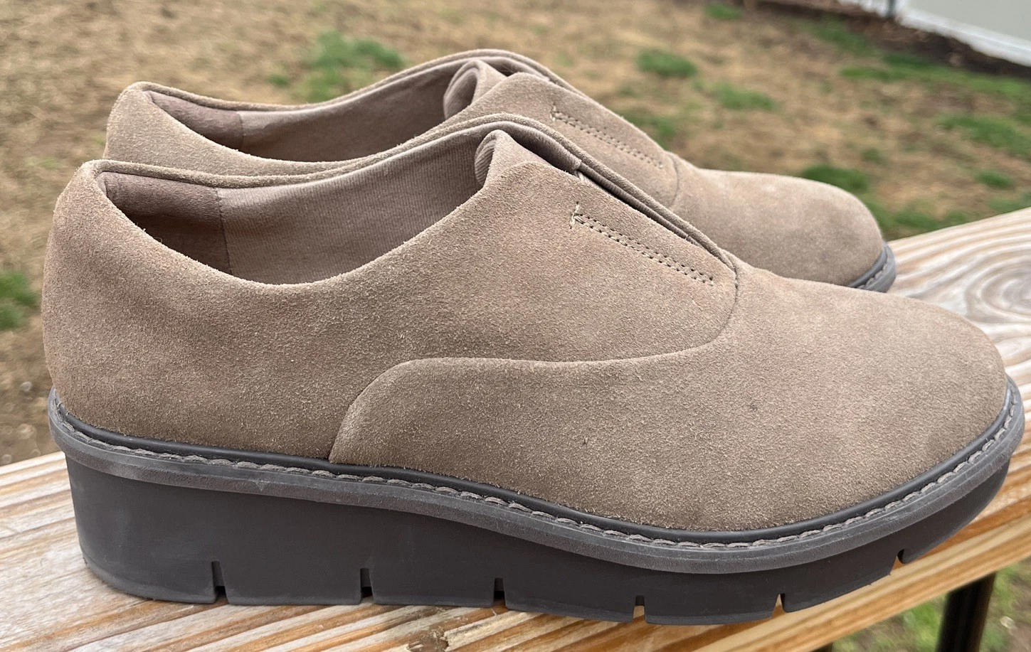 Scarpe mocassini Clarks donna taglia 9 5 marroni scamosciati zeppa bassa slip on sneakers