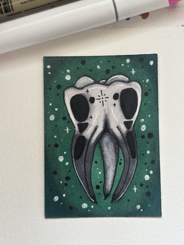 Halloween ACEO OOAK Raven Skulls Alcohol Marker Art Mini Card 2.5x3.5” - “Teeth”