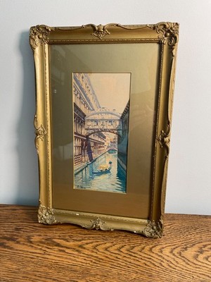 ANTIKES GRAND TOUR VENEZIANISCHES AQUARELL GEMÄLDE VENEDIG SEUFZERBRÜCKE GERAHMT
