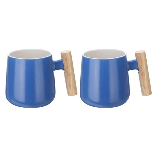 sourcing map 2pcs Ceramic Coffee Mugs with Wooden Handle – Handmade Blue