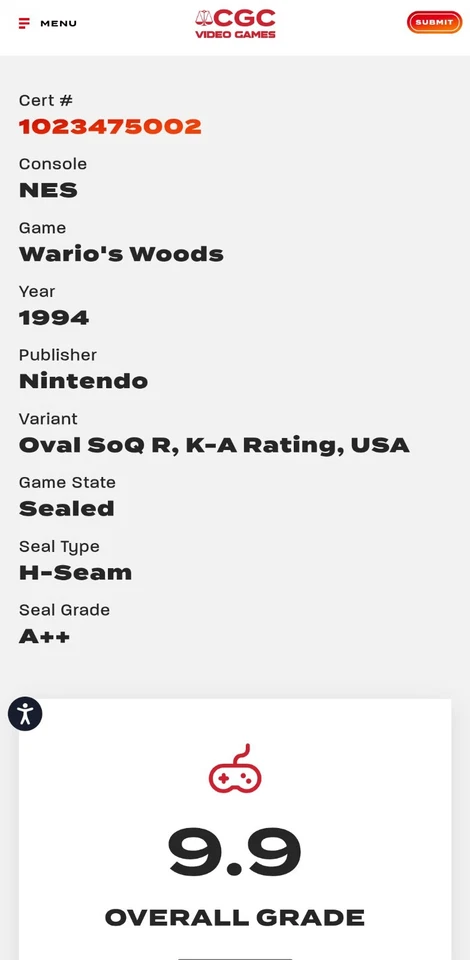 Wario's Woods CGC Graded 9.9 A++ Sealed [Oval SOQ R], NES Nintendo 1994 USA. - Image 2 of 4