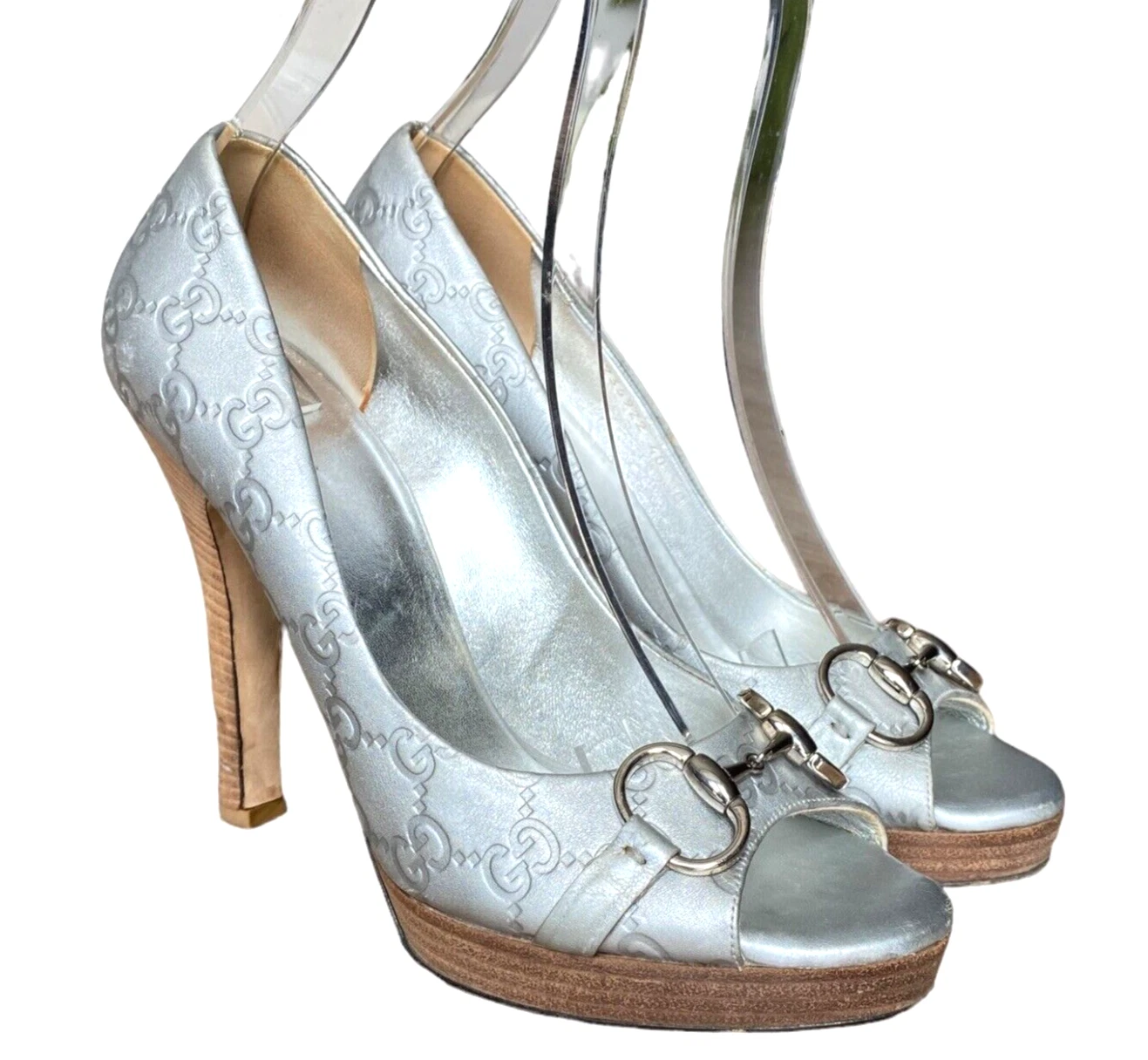 Escarpins bout ouvert GUCCI Guccissima argent logo GG cuir plateforme Horsebit taille 40