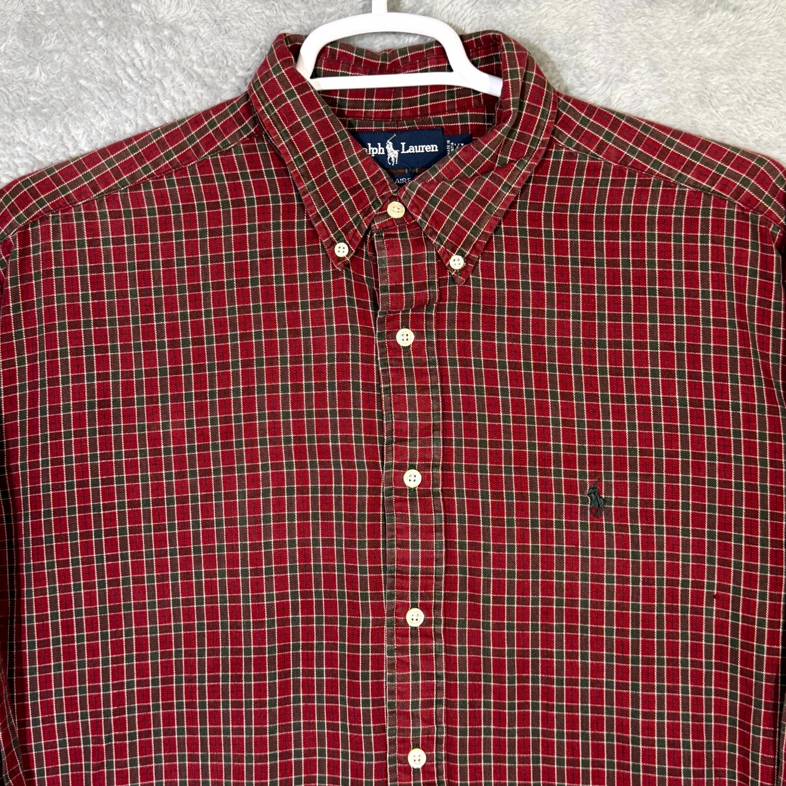 PONY Camicia uomo Ralph Lauren Blaire flanella XL rosso check 100% cotone bottoni M1316
