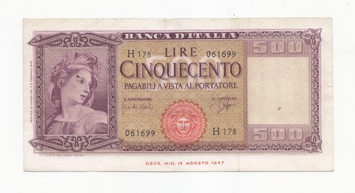 Q541-REP.ITALIANA-BANCONOTA 500 £ Medusa 1947