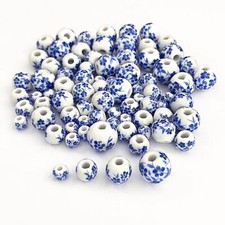 Round Ceramic Porcelain Beads for Jewelry Making Small, Blue and White