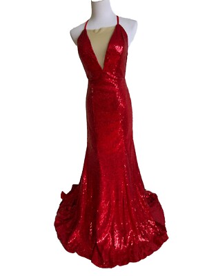 Special Occasions Red Sequence Open Back Long Dress Small EUC