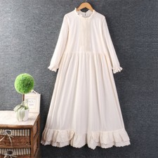 Midi Lace Dress Ruffle Women Long Sleeve Loose Round Neck Solid Retro Cute Sweet