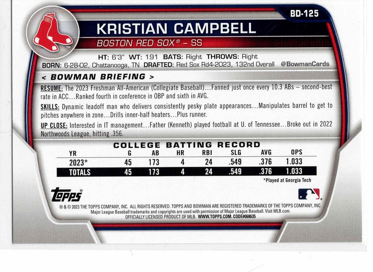 Kristian Campbell Boston Red Sox 2023 Bowman Draft 1st Bowman | eBay