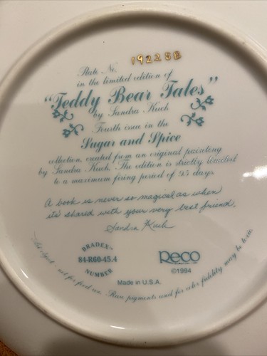 Sandra Kuck Sugar & Spice 1994 Teddy Bear Tales Collector Plate 4th Cat Girl 8.5 - Picture 2 of 5