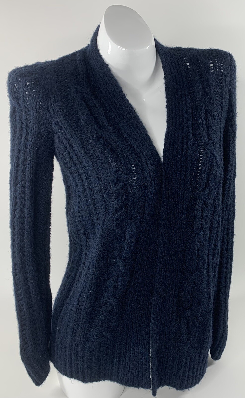 Hollister Womens Sz S Cardigan Sweater Wool Blend Open Cable Knit Navy Blue