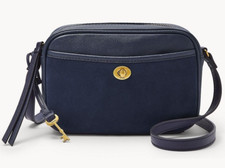 Borsa a tracolla ovale Fossil Brennon in pelle blu navy SHB3043545 nuova con etichette $180 prezzo consigliato