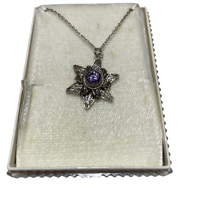 Vintage Jerusalem Silver Star Amethyst Stone Sterling 16'' Chain
