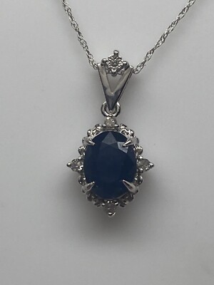 10K Weißgold natürliche ovale Form Saphir und Diamant Anhänger mit Kette NEU