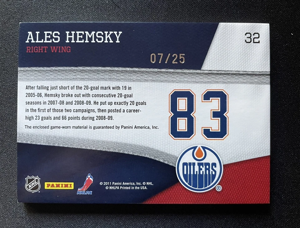 2011-12 Pinnacle Threads Patches #32 Ales Hemsky #ed 07/25 OILERS - Image 2 of 2