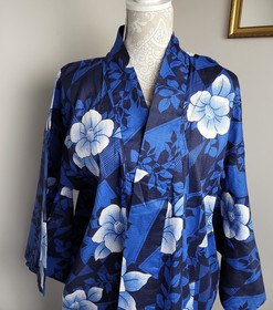 Japanese Style Kimono Cotton Yukata Blue White Floral  NO Belt 64" Long