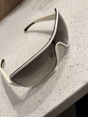 Prada Linea Rossa SPS 50E white shield sunglasses with gradient gray lense