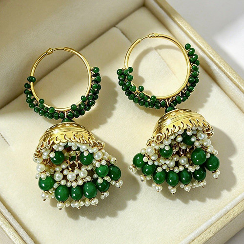 Gold Tone Hoop Jhumka Dangle Earrings, Green & White Beads Pearl Drops