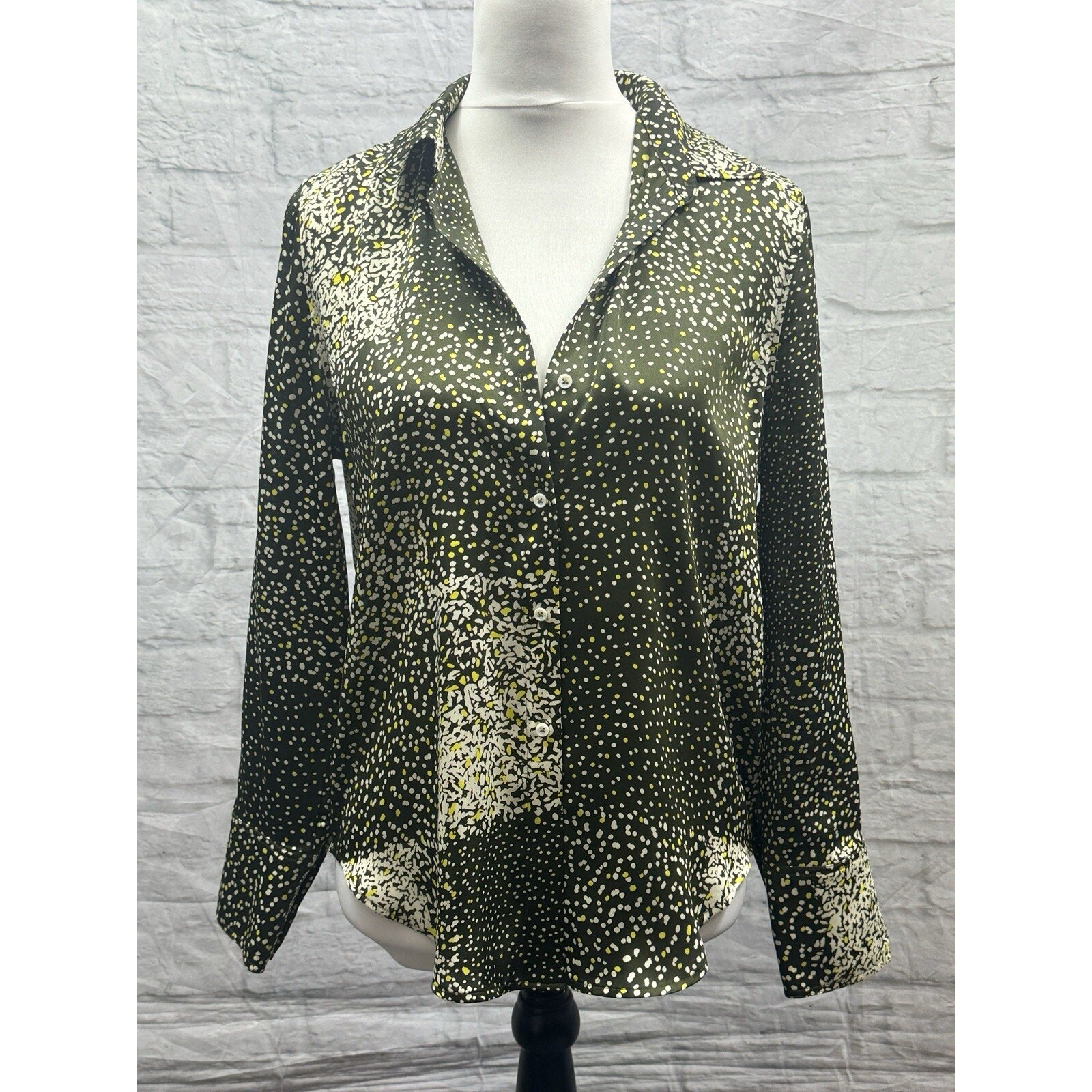 M&S Autograph Satin Blouse Green & Yellow Little Dots Size 8 Top Elegant Light