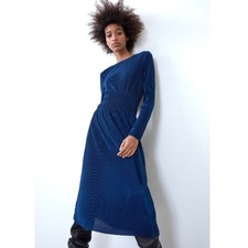 Zara Navy Blue Pleated Satin Long Sleeve Midi Dress Women's Size Medium