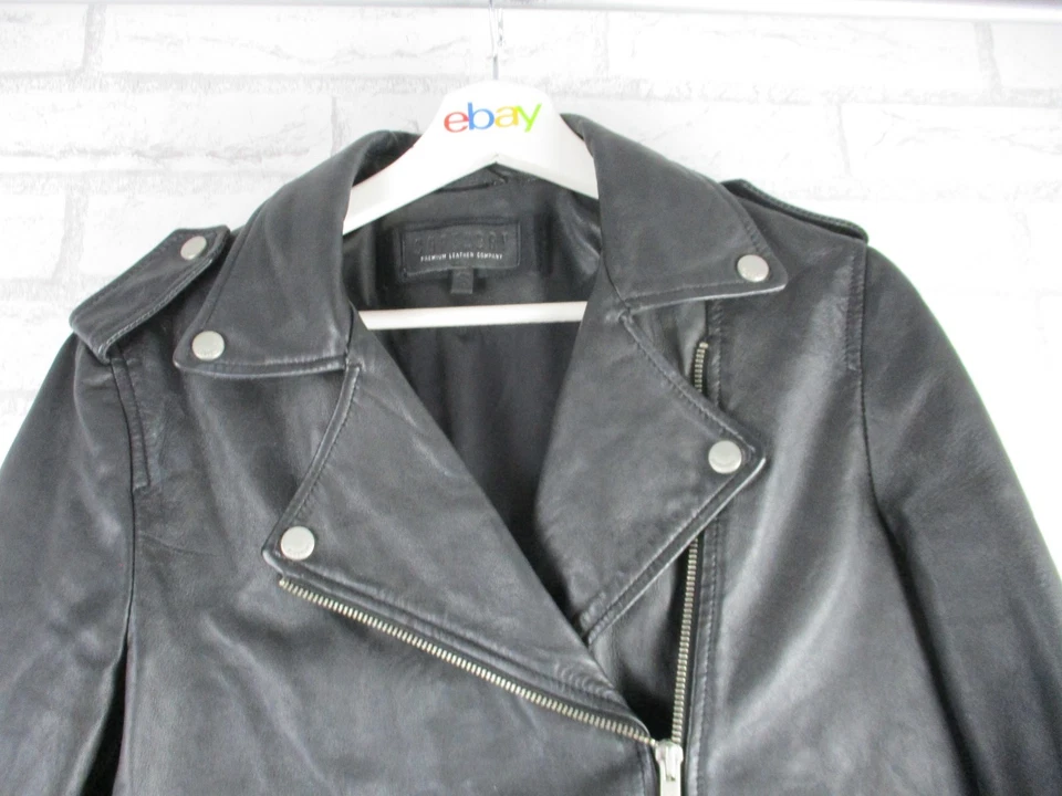 Superdry Mujer Abrigo Piel Negro Biker S, 10 Bolsillos Delanteros Cremallera Suave Foto 2 de 4