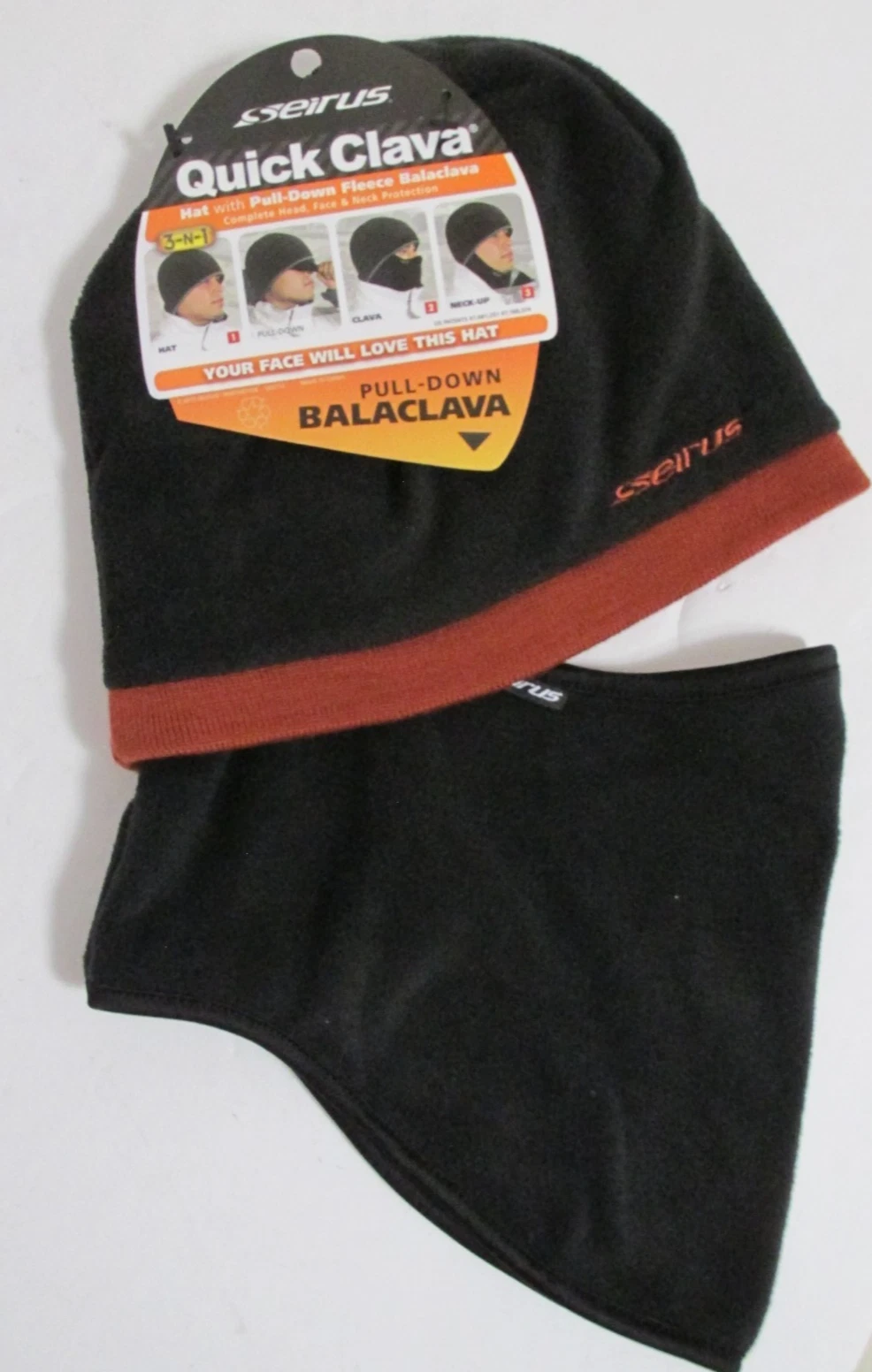 Seirus Quick Clava Hat with Pull-Down Fleece Balaclava One Size Black/Brick