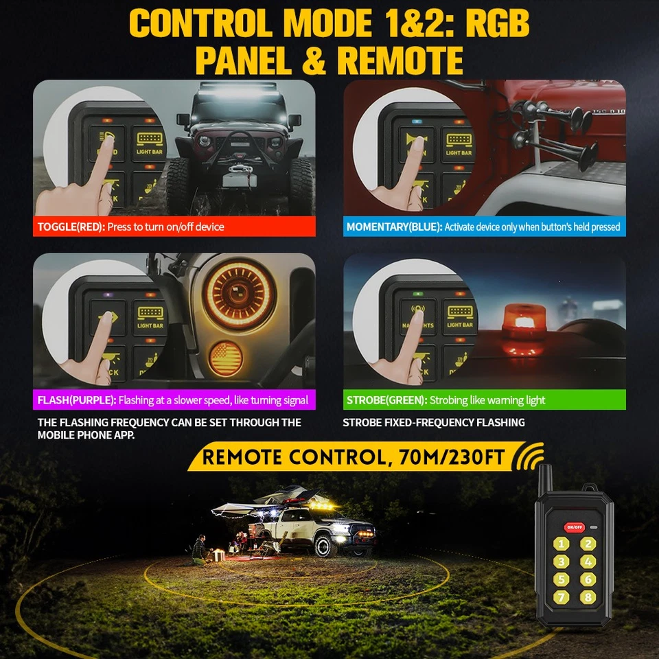 Panel de interruptor RGB 8 velocidades sistema multifunción APP + control remoto camión todoterreno Foto 3 de 4