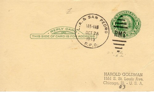 Pacific Electric Los Angeles & San Pedro Railway Post Office Cancellation 1943