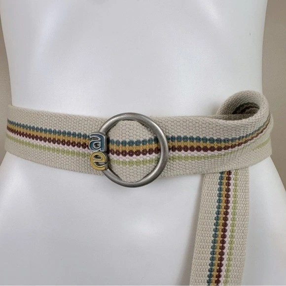 American Eagle 复古 Y2K 多色条纹棉帆布布腰带 M — 第 4/4 张图片