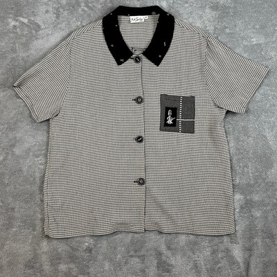 KD Spring Button Down Shirt Womens M Gingham Check Embroidered Artsy Statement