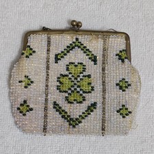 Vintage 1920s Art Deco Glass Beaded Coin Purse Irish Shamrock Clover READ